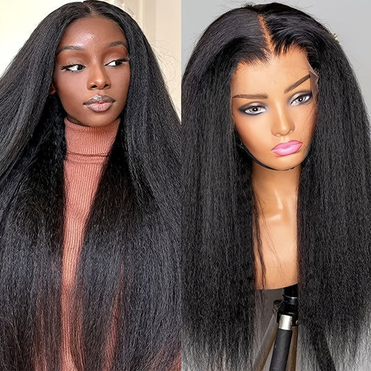 Kinky Straight Wig Lace Front Synthetic 26 Inch Black Yaki Texture — HD Lace Glueless Pre Plucked Hairline Heat Resistant 160°C Adjustable Cap for Women Beginner Friendly