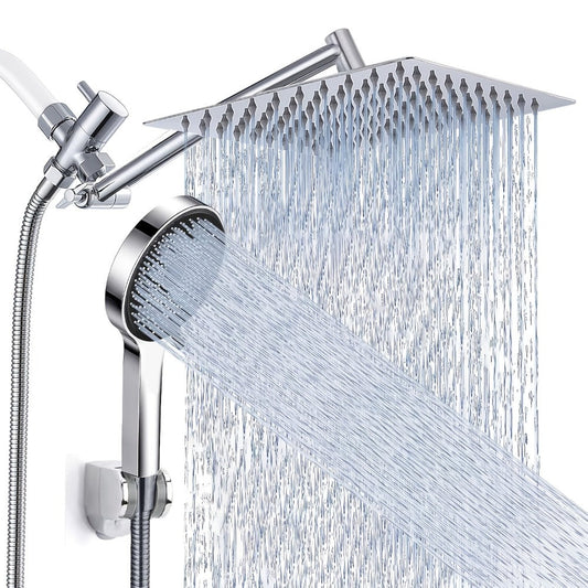 High Pressure Rainfall Handheld Shower Head Combo, 11-Inch Extension Arm, 9 Settings, 180° Adjustable, Anti-Leak with Holder, Chrome & Matte Black, 8/10/12 Inch