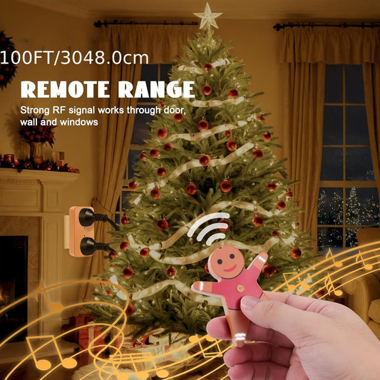 Christmas Tree Remote Control Socket with Built-in Music Function – Wireless 100-Foot Range Outlet Switch for Holiday Lights & Decorations, Gingerbread Design, Easy Plug-In Setup