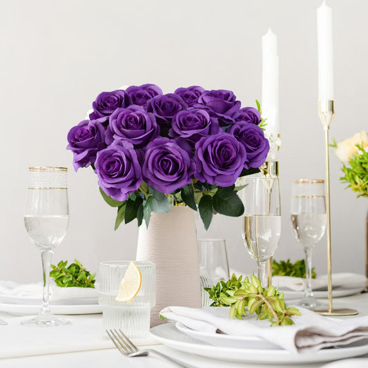 Artificial Flowers 10-Piece Silk Rose Set with 19.69-Inch Bendable Stems in Deep Purple or Dark Green