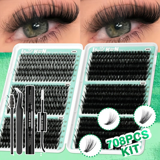 Lash Clusters Kit 708Pcs with Tweezers, Glue & Brush – Soft Silky Fiber False Eyelashes Full Voluminous DIY Lash Extension Set for Party, Wedding, Bridal & Daily Makeup, Beginner to Pro