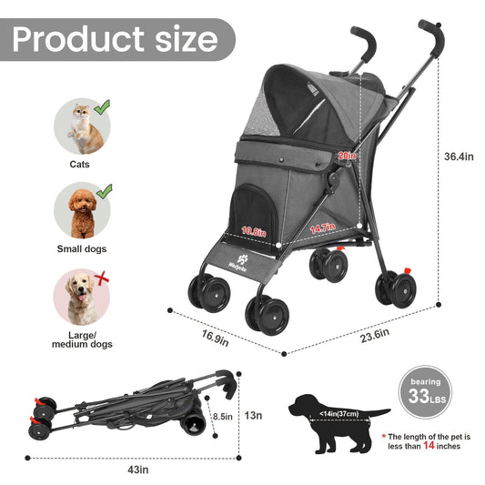 Pet Stroller for Small Dogs & Cats | Foldable Travel Dog Stroller, Portable Puppy Cat Pram with 4 Wheels, Canopy & Storage Basket, Lightweight Jogger Stroller for Pets Up to 33 lbs, 5 Colors