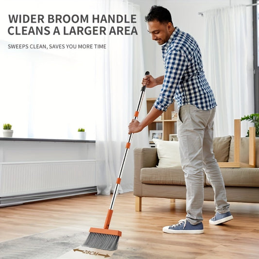 Folding Broom and Dustpan Set 50 Inch Extended Handle - Dense Elastic Bristles Wide Deep Dustpan for Dust Hair Debris, Foldable Broom for Home Kitchen Bathroom Bedroom Living Room, Blue White Black Orange Khaki