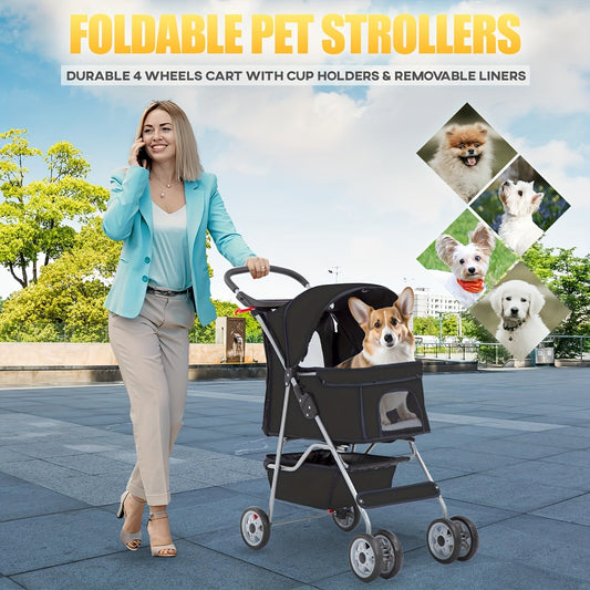 4-Wheel Pet Stroller with Cup Holder & Storage Basket | Portable Breathable Cat Dog Stroller, Smooth-Rolling Outdoor Pram for Small Medium Pets, Foldable Travel Jogger with Canopy, 5 Colors