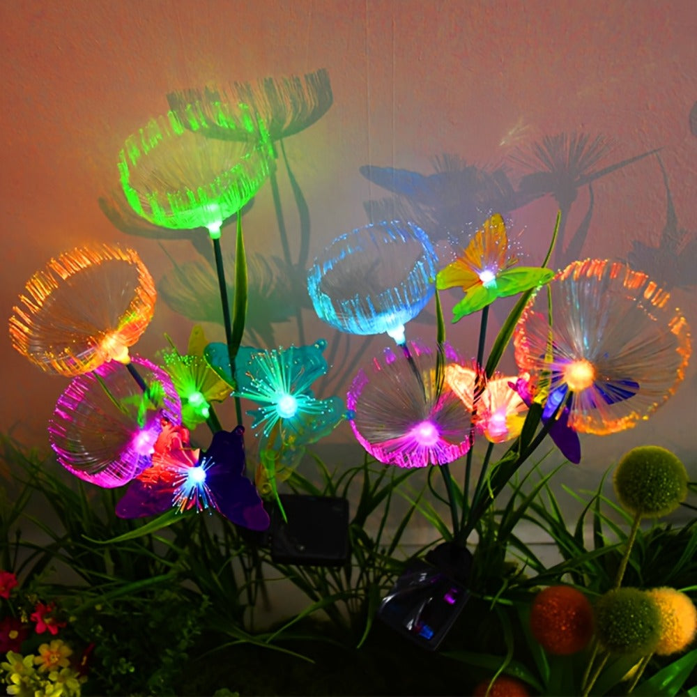 Solar Garden Lights 4-Pack, Fiber Optic Jellyfish Butterfly Stake Lights with 7-Color Changing LED & IP65 Waterproof — Solar Outdoor Lights for Garden Path, Yard, Patio & Holiday Decor