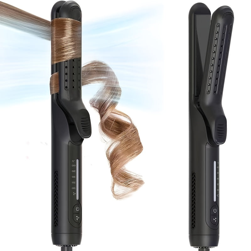 2-in-1 Airflow Curling Iron 360° Ceramic – Curl & Straighten Anti-Scald Hair Styler Wand with 5 Temps Cool Air Technology for Long & Short Hair – Pink, Black