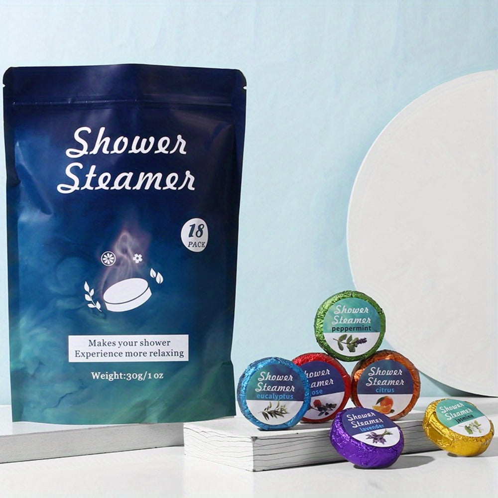 Eighteen Individually Wrapped Shower Steamers with Six Fragrance Labels and 30 g Tablet Packaging