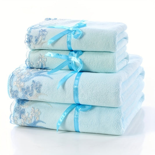 Towel Set 4-Piece 350GSM Lace Embroidery Bath and Hand Towels in Four Elegant Colors for Home and Guest Use