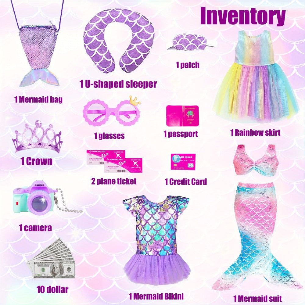 Twenty-Piece Mermaid Travel Accessory Set for 18-Inch Dolls with Purple Suitcase, Skirts and Crown