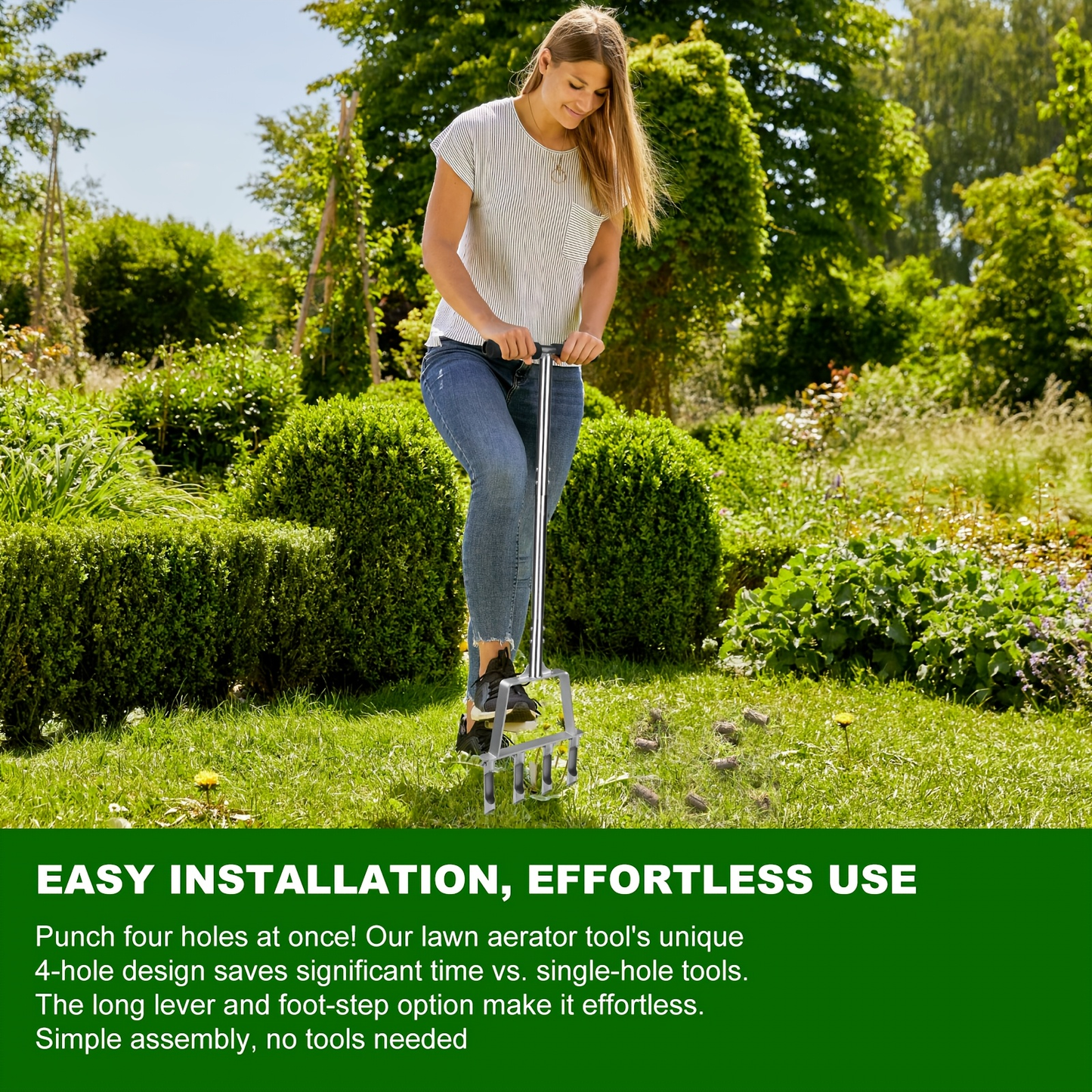 Lawn Core Aerator Tool with 4 Hollow Tines - Heavy Duty Manual Plug Aerator for Yard Soil Loosening, Thatch Removal, Grass Maintenance & Deep Core Aeration for Residential and Commercial Lawns