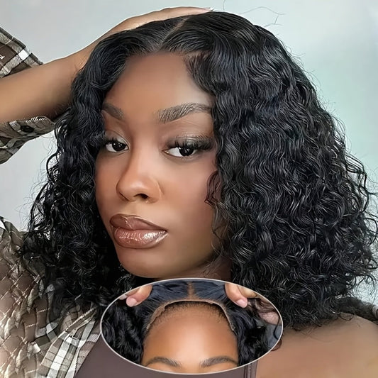 Brazilian Deep Wave Bob Wig 4x4 Lace Front Human Hair – Glueless Pre-Plucked Pre-Cut Short Curly Bob Bouncy Curls Natural Hairline Beginner Friendly 12 Inch 1B Natural Black