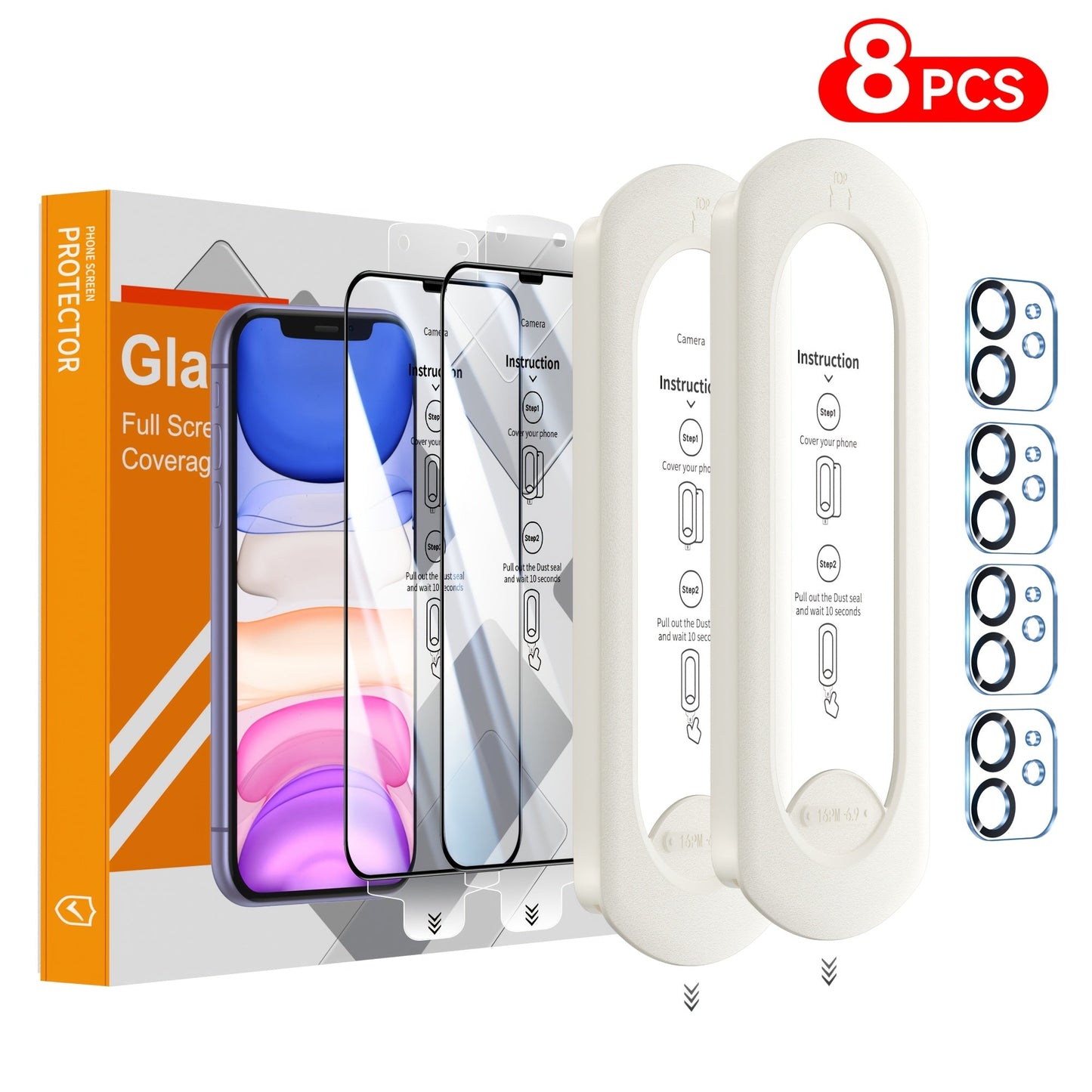 Screen Protector, 8-Piece iPhone Tempered Glass Set with Four Screen Films, Four Camera Lens Covers and Alignment Tools