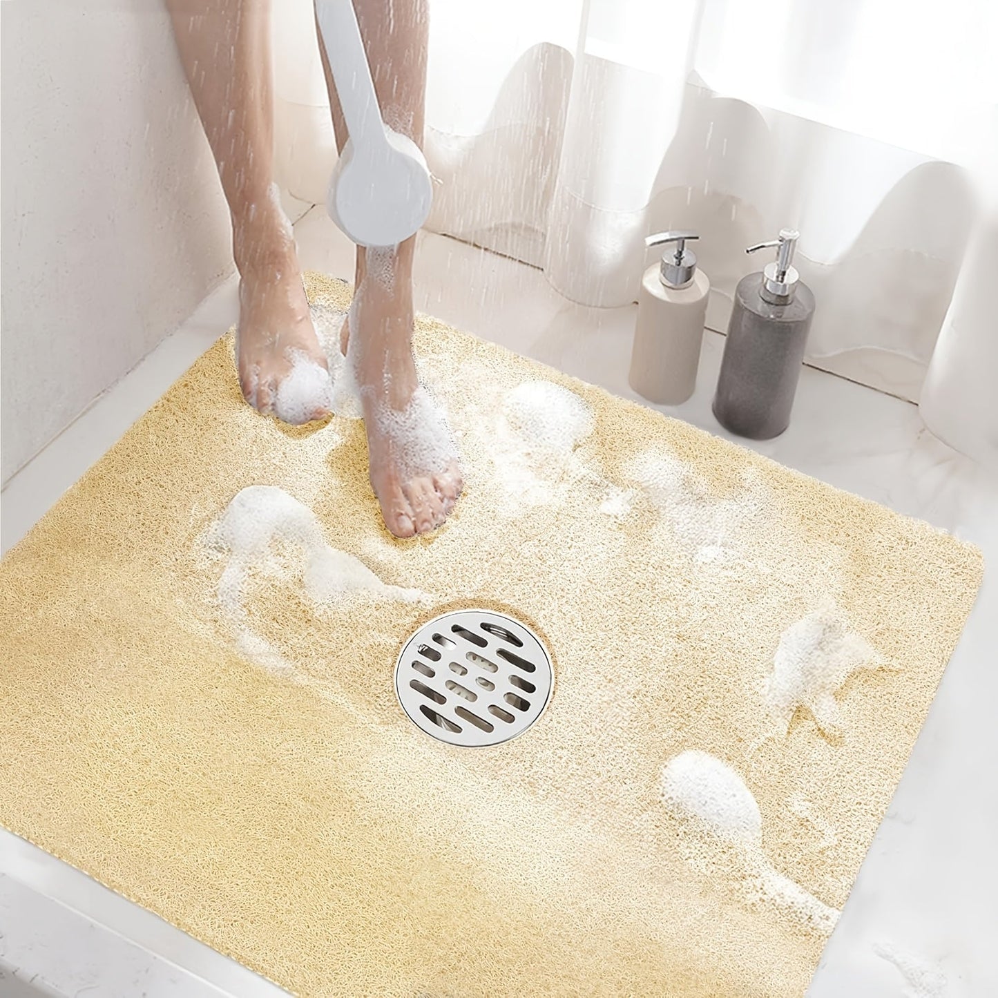24-Inch Square PVC Loofah Shower Bath Mat with Drain Holes in Grey, White or Beige Color Options