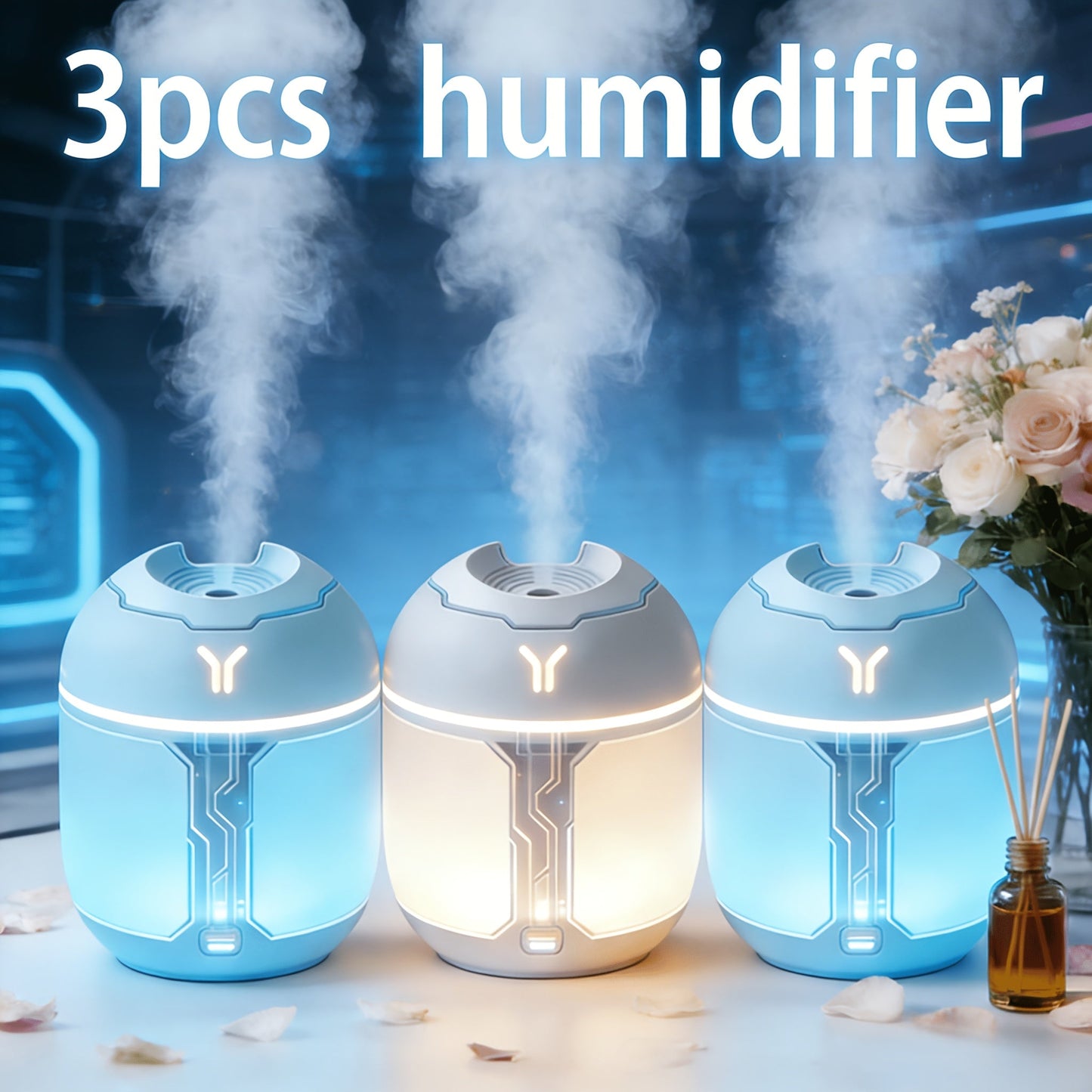 Humidifier 3-Piece Mini Set with Adjustable Mist, Soft LED Light and White-Green Color Combinations
