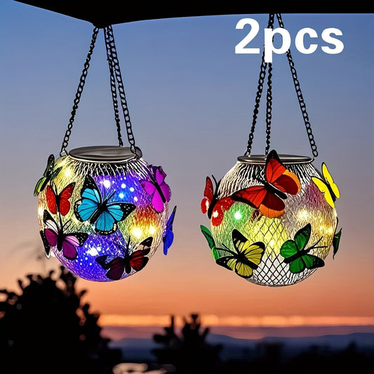 Solar Outdoor Lights 2-Pack Metal Butterfly Hanging Lanterns in Warm White or Multicolor for Porch Decor