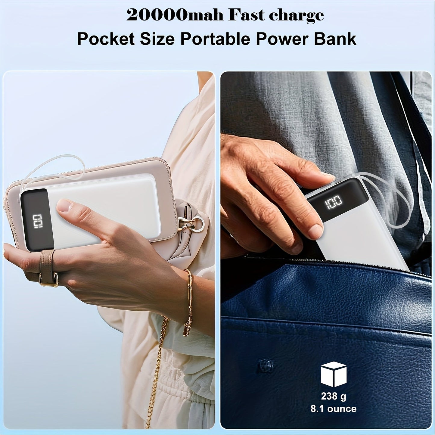 Power Bank 20000mAh with Built-In Cable Set, 20W Listed Charging and Solar or Standard Options