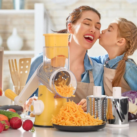 Rotary Cheese Grater with Hand Crank – 3 Interchangeable Blades for Cheese, Vegetables & Nuts, Non-Slip Suction Base, Includes Cleaning Brush – Manual Cheese Shredder for Kitchen (6 Colors)