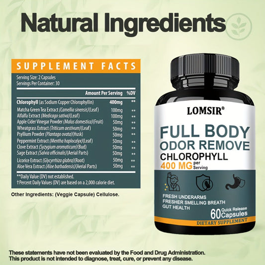 Dietary Supplement Chlorophyll 400mg Capsules with Matcha, Apple Cider Vinegar and Botanical Blend, 60 Count