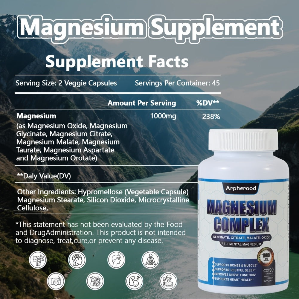 Dietary Supplement Magnesium 7-in-1 Complex with Glycinate, Malate and Taurate, 1000mg per Serving
