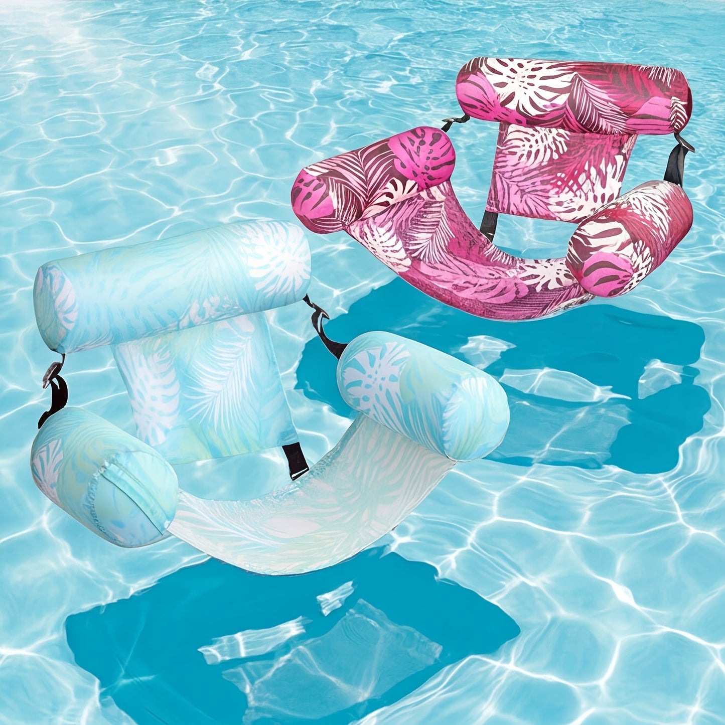 Leaf-Print Inflatable Pool Float Chair with Mesh Sling Seat in Blue, Blue-Green or Red-Cyan Checkout Options