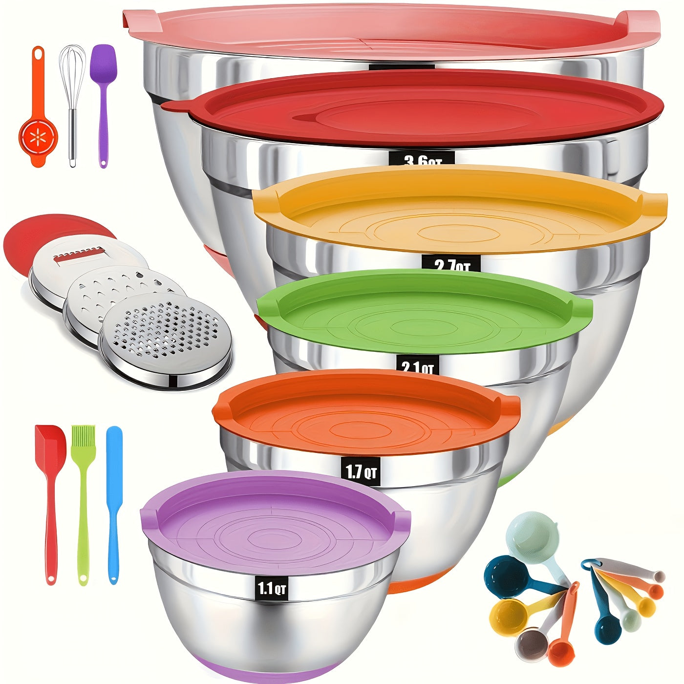 Twenty-Six-Piece Mixing Bowl and Kitchen Tool Set with Six Bowls in Khaki, Black or Color Options