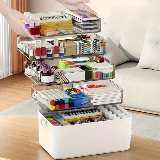 5-Tier Stackable Storage Box with Lids | Large Capacity Transparent Organizer with Handle for Home & Travel - Pill Box, Craft, Sewing, Cosmetics, Office & Bathroom Supplies, Easy to Clean, 30x16.5x31cm
