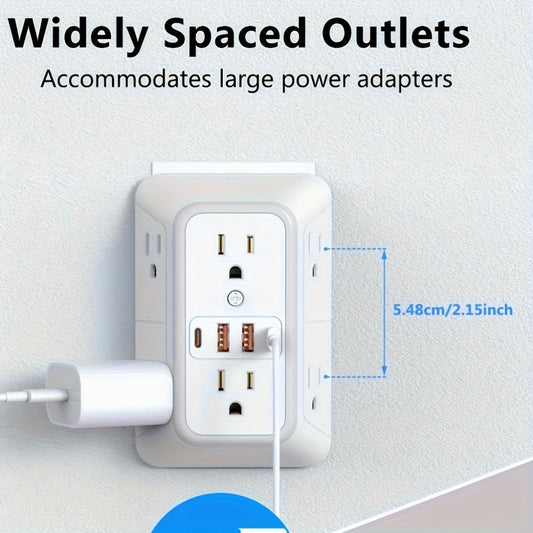 3-Sided Wall Outlet Extender 10-in-1 with 6 AC Outlets & 4 USB Ports (2 USB-A & 2 USB-C), 1050J Surge Protector Multi-Plug Adapter for Home, Travel, Office & College