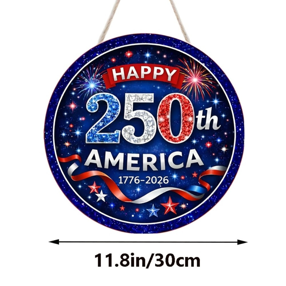 Patriotic Wooden Door Sign with Round 1776-2026 Anniversary Design for Indoor Wall or Entryway Display