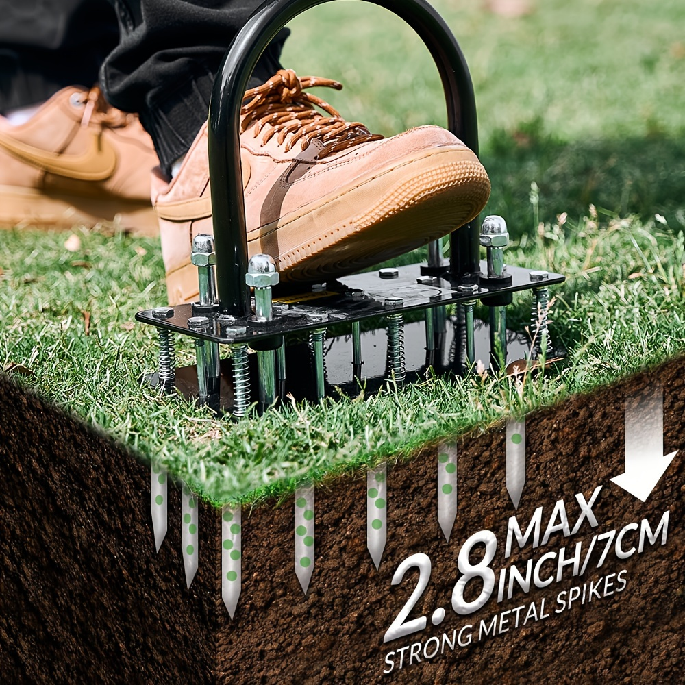 Manual Self-Cleaning Lawn Aerator with Fourteen Visible Iron Spikes in the Exact Black Option