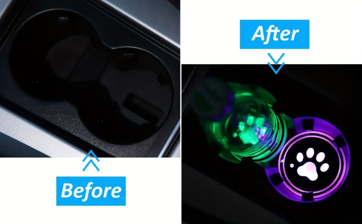 LED Neon Car Cup Holder Coasters – 7 Color USB Rechargeable Glowing Cup Mats, Ambient Light for Car Interior, Bar & Home Decor (Set of 2, Devil's Eye Design)