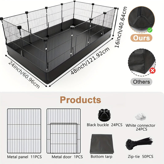 Small Animal Playpen & Guinea Pig Cage – 48'' C&C Cage with PVC Bottom Liner, One-Hand Release Hook & Triple Fixing, Indoor Enclosure for Rabbit, Bunny, Hedgehog