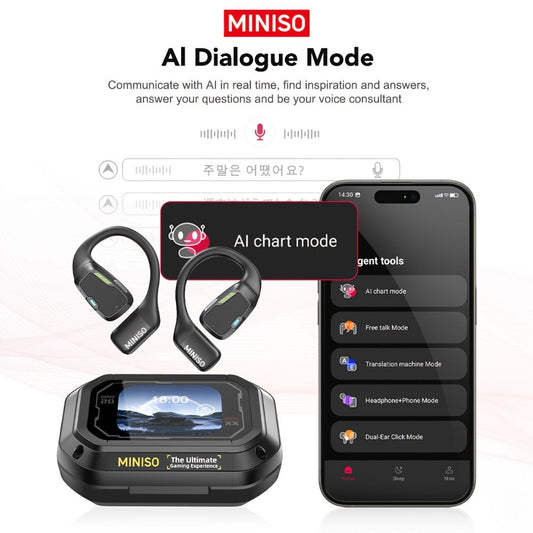 AI Translation Wireless Earbuds Real-Time 135 Languages Open-Ear Design Full-Color Touch Screen Gaming Headset Bluetooth for Travel Business Study iOS Android