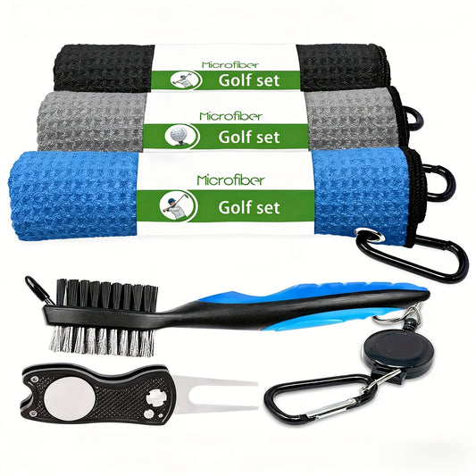 Golf Towel Set 5pcs Microfiber Waffle Towel Club Brush Divot Tool Retractable Carabiner Golf Cleaning Kit Gift for Men Women Golfers