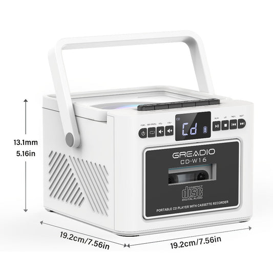 Boombox CD Cassette Player Rechargeable 5000mAh Battery 5W Dual Stereo Speakers FM Radio Tape Recording AUX SD USB 3.5mm Jack Portable Home Audio Player