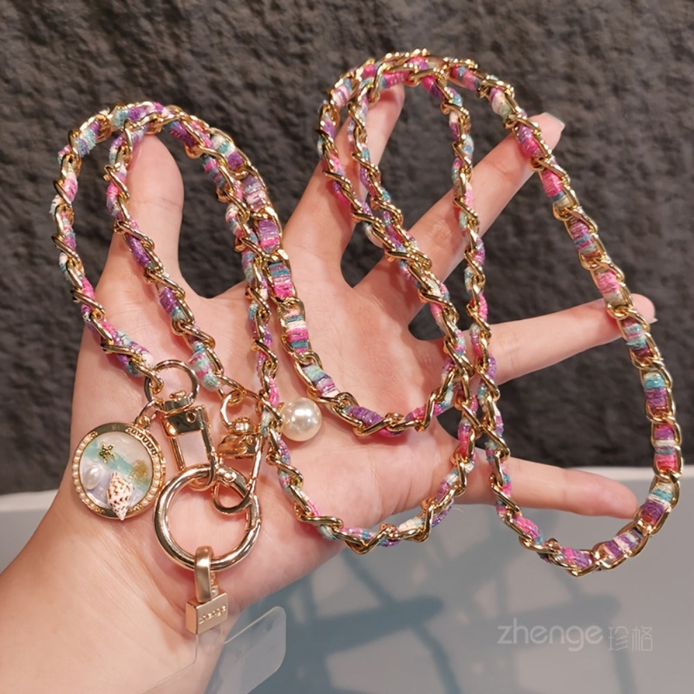 Purple Rose Pattern Phone Crossbody Chain Lanyard with Round Disc Charm and Pictured 65 cm Length