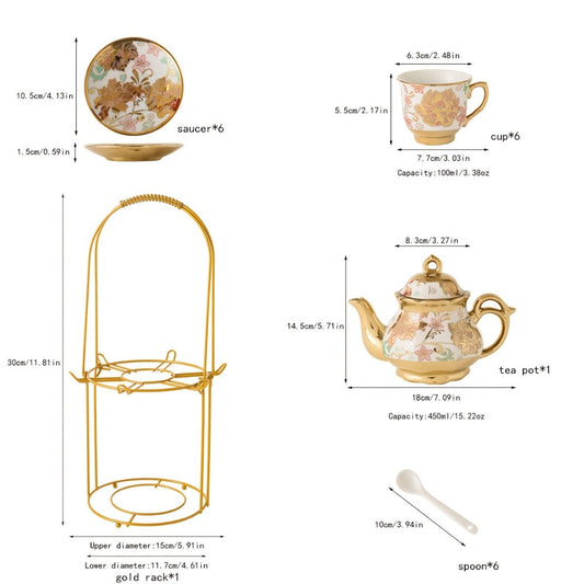 Floral Ceramic Tea Set 20 Pcs – European Porcelain Tea Cups & Saucers with Metal Holder & 15 Oz Teapot – Luxury Arabic Coffee Cup Set for Espresso, Cappuccino & Afternoon Tea – Elegant Gift