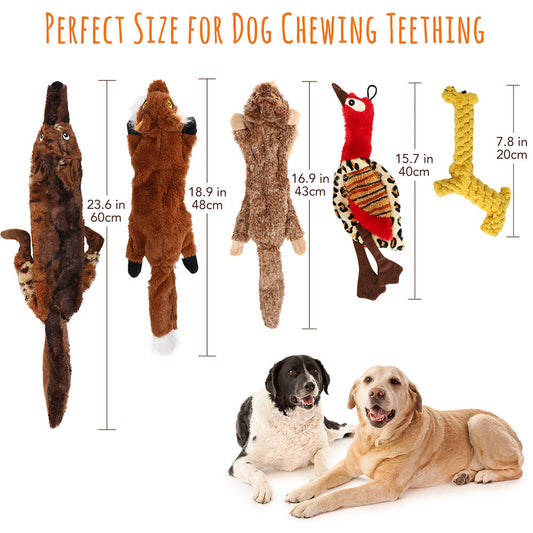 Dog Toys Five-Piece Stuffing-Free Plush Animal Set with Two Squeakers per Toy and Bonus Cotton Rope