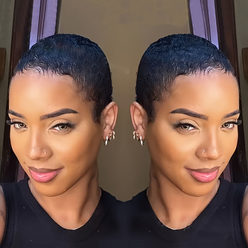 Deep Wave Pixie-Cut Human Hair Wig with Bangs and Short Full Cap in a Black 4-Inch Hair Style