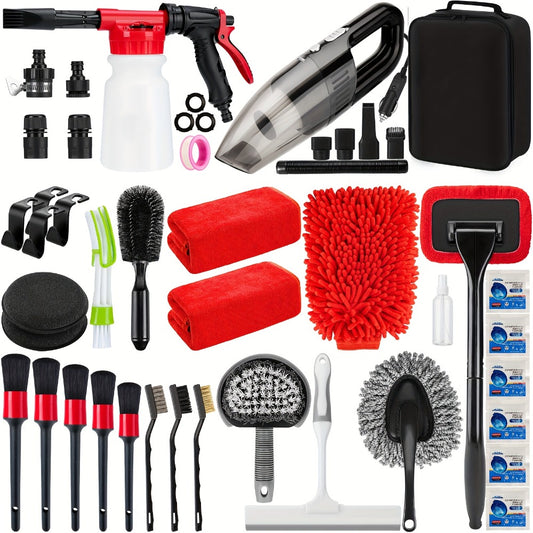 26/42-Piece Complete Car Wash & Detailing Kit – Foam Spray Gun, Portable Vacuum, Windshield Cleaner, Tire Brush, Detail Brushes & Towels for Interior & Exterior Car Cleaning
