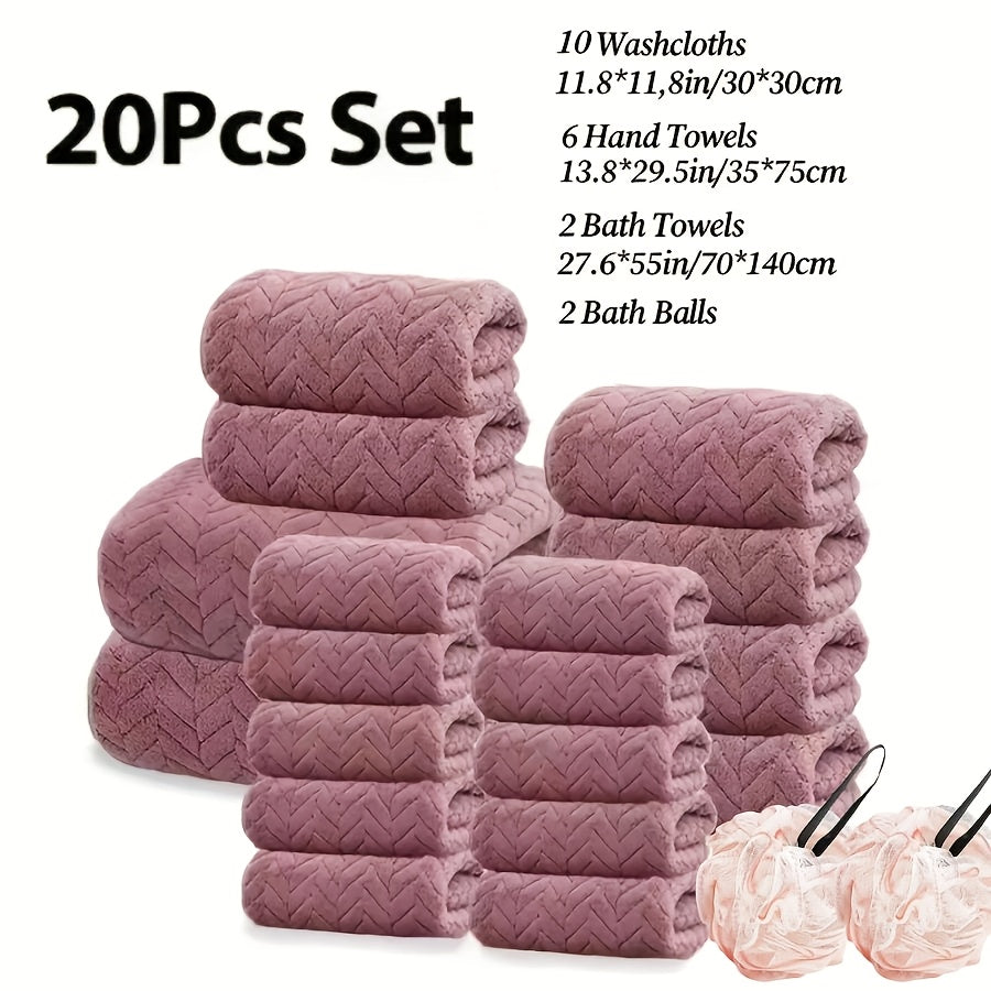 Bath Towels Set 18 or 20 Piece Coral Fleece Mix with Washcloths and Bath Ball in Multiple Colors