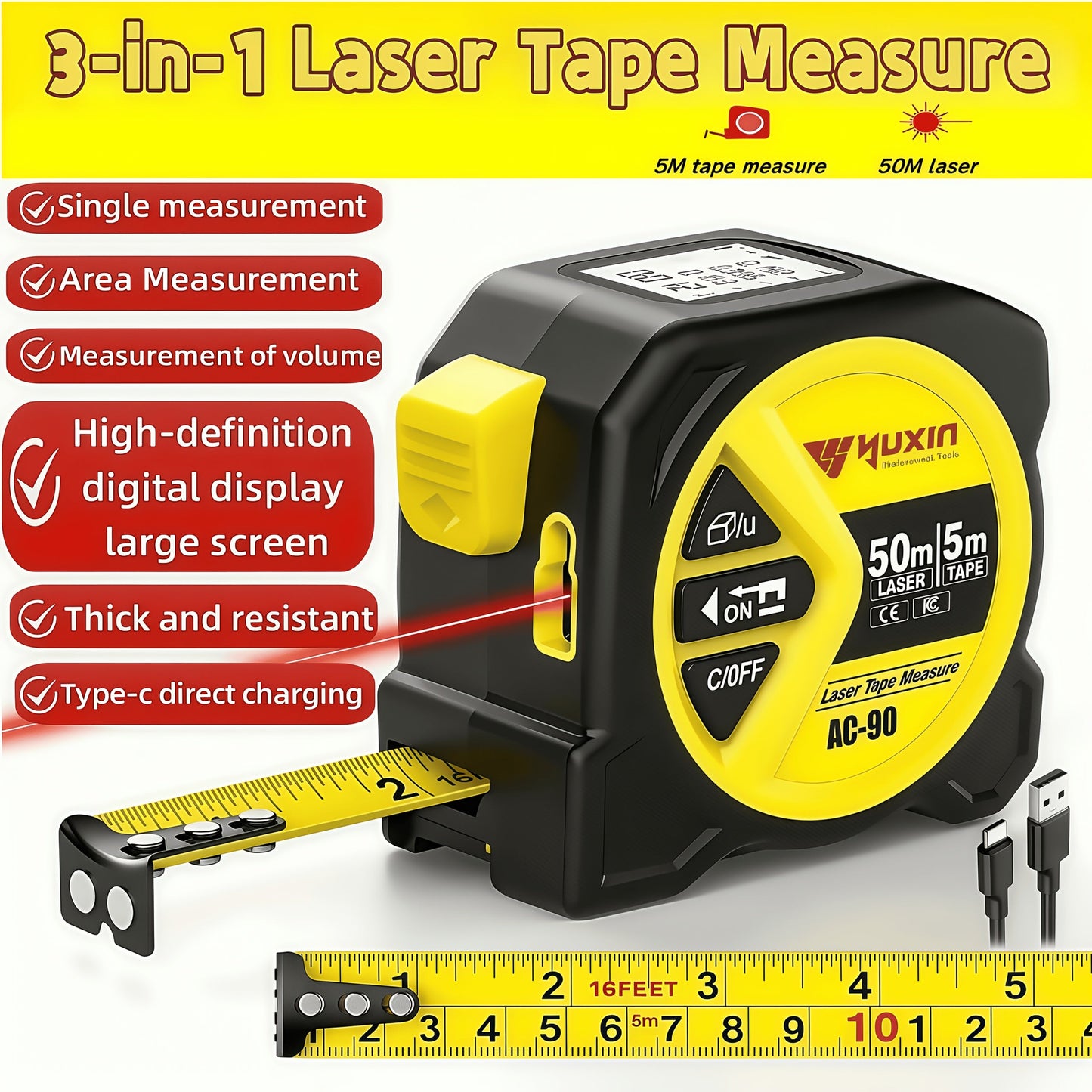 Laser Tape Measure 3-in-1 Digital Distance Meter 50M 165ft High Precision Infrared Rangefinder Smart HD Display USB Charging M In Ft Unit Switching Portable Measuring Tool