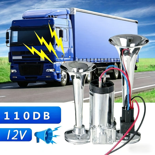 Dual Trumpet Air Horn Kit 12V 110dB – Super Loud Electric Horn with Compressor, Chrome Zinc-Alloy, Universal Fit for Car Truck SUV Boat Train Van Motorcycle Off-Road