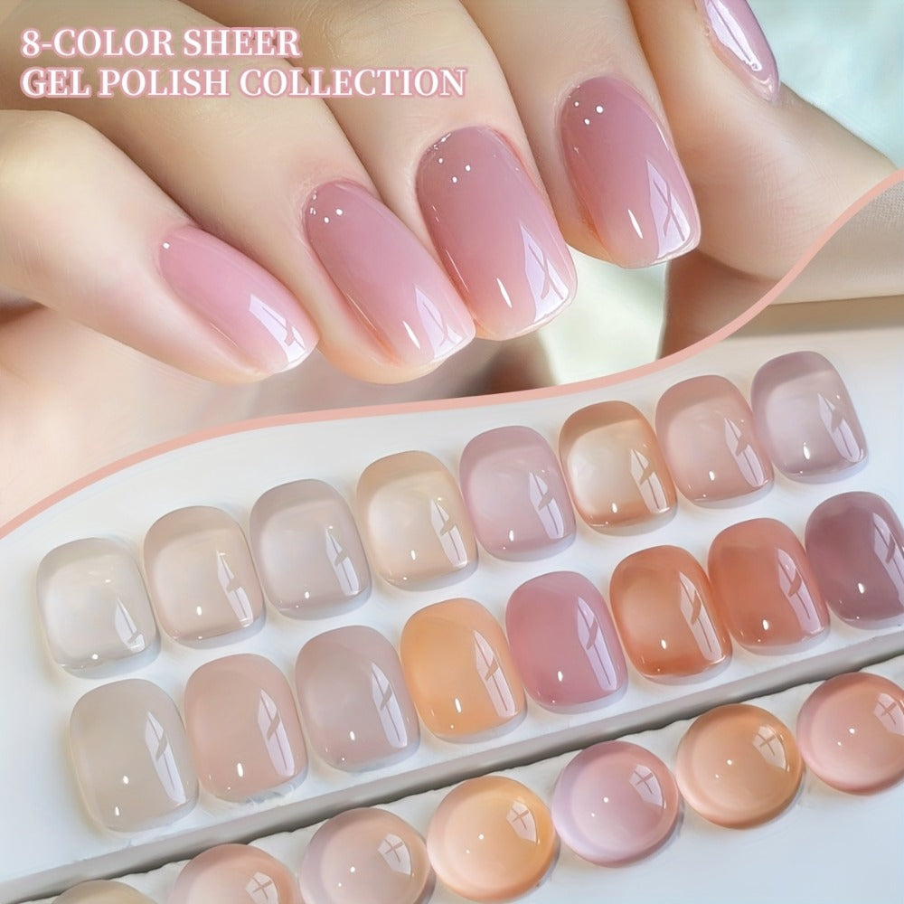 Gel Nail Polish Set with XEIJAYI Label, 8 Summer Ice Jelly Colors in Sheer Photo Frame Bottles