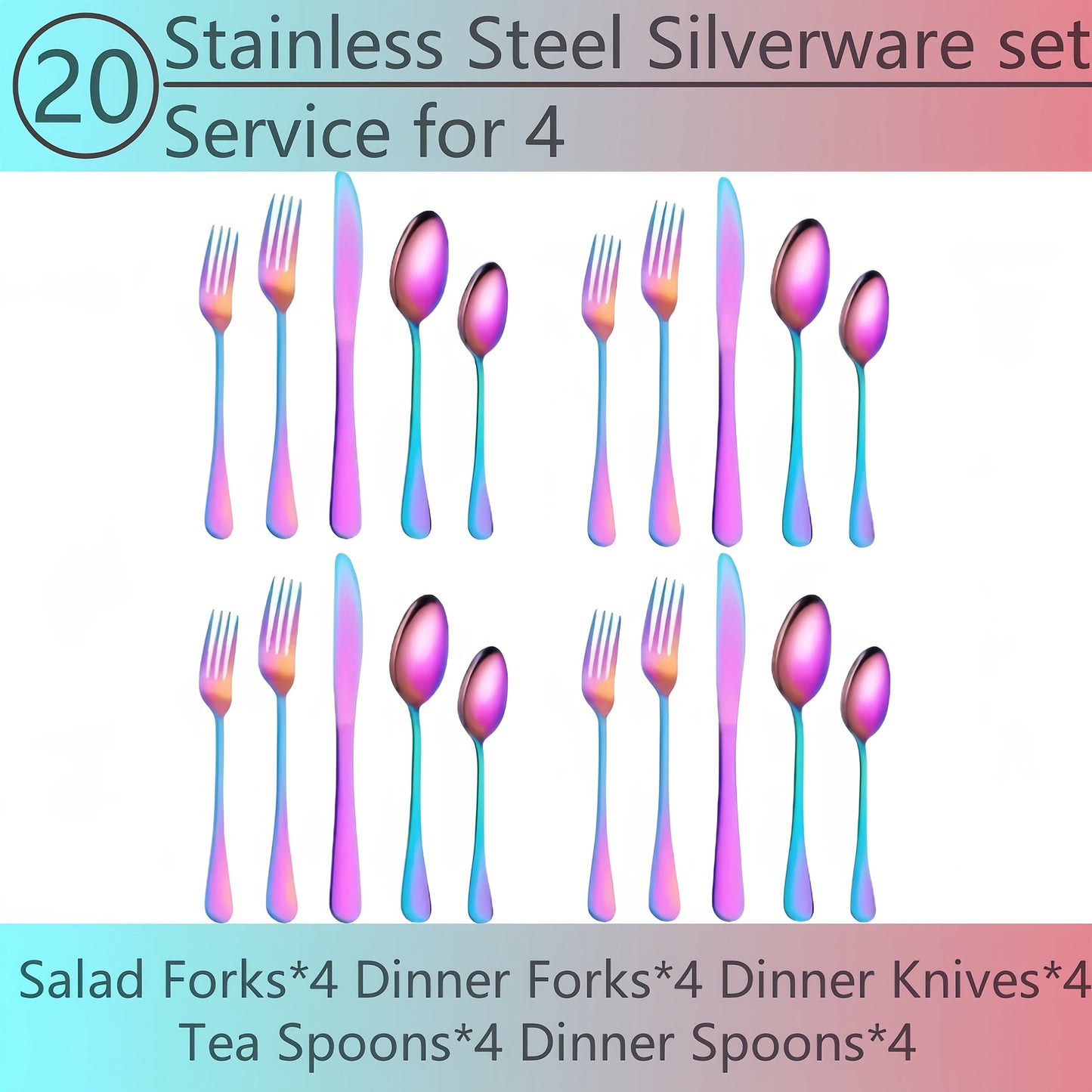 20- or 60-Piece Flatware Set in Silver, Gold or Rainbow Finish with Five-Piece Place Settings