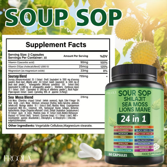 Soursop Graviola Supplement Capsules 24-in-1 with Sea Moss, Shilajit, Lion’s Mane, Vitamin D3, Black Seed Oil, Turmeric & Chlorophyll – Immune, Liver & Whole Body Wellness Gluten-Free Formula