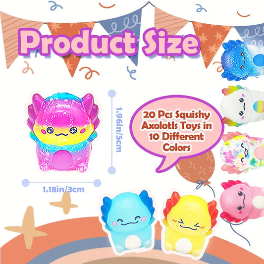 Axolotl Squishy Toys 20 Pack Slow Rising Fidget Sensory Stress Relief Toys for Kids, Cute Salamander Newt Ice Cream Shape Squeeze Toys, Individually Wrapped Party Favors Classroom Prizes for Boys Girls