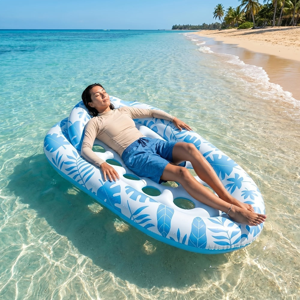 Blue-and-White Inflatable Pool Lounger with Backrest, Cup Holder and 77 x 50-Inch Pictured Size
