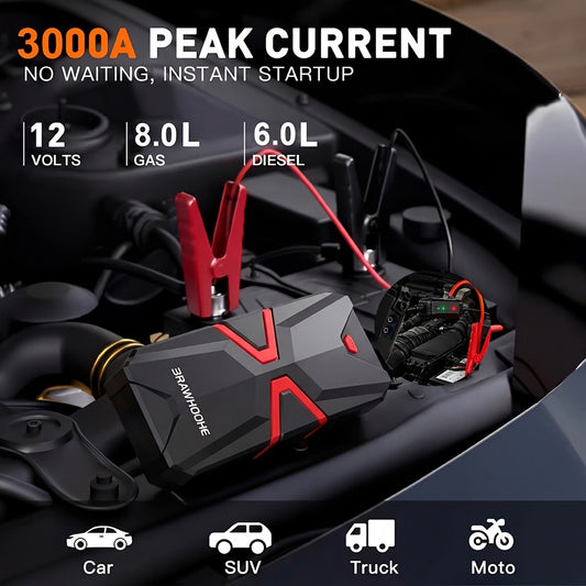 Portable Car Jump Starter with Tire Inflator – 3000A Peak 12V Battery Booster, USB Power Bank, LED Emergency Light, 5-in-1 & 9-in-1 Roadside Emergency Kit for Cars Trucks SUVs