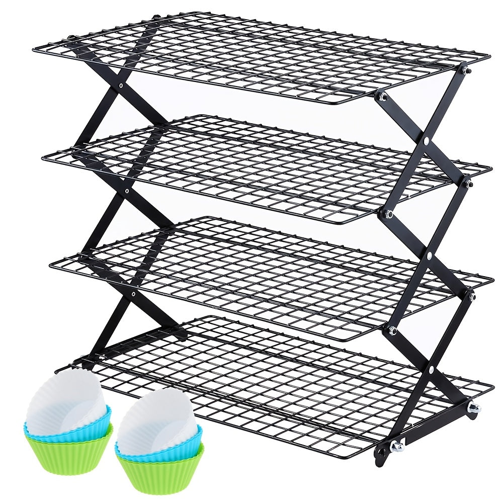 4-Tier Collapsible Cooling Rack Set with Muffin Cups - Metal Wire Baking Rack for Cookies Cakes for Grilling, Camping and Outdoor Meals