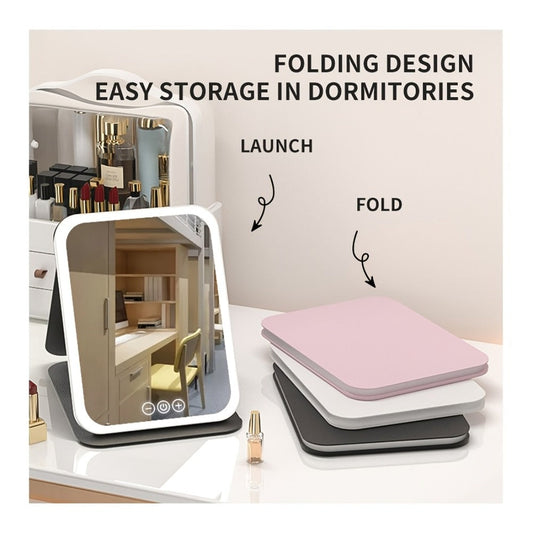 Makeup Mirror Foldable LED Travel Stand with Three Light Colors, Touch Dimming, USB Charging and Pink or White Options